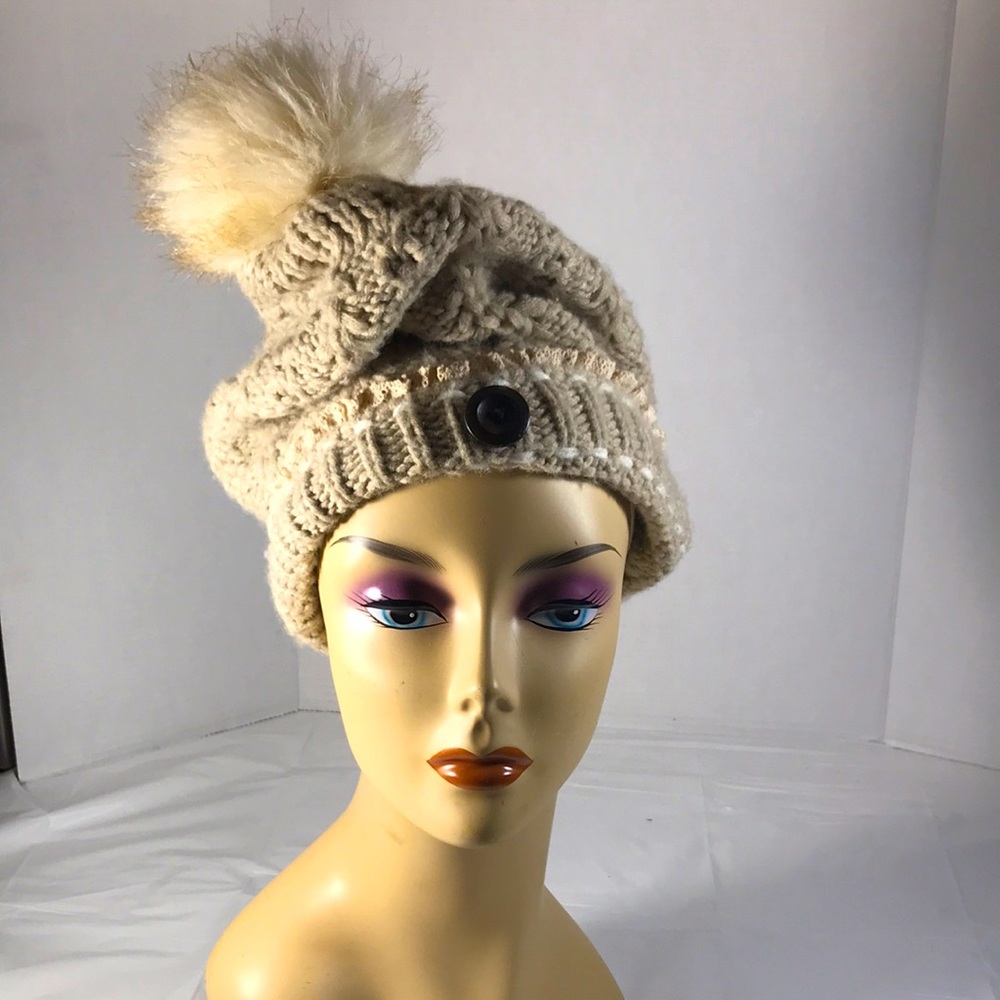 Woman’s Vintage Crocheted Button and Lace Fur Ball Oversized Floppy Winter Hat